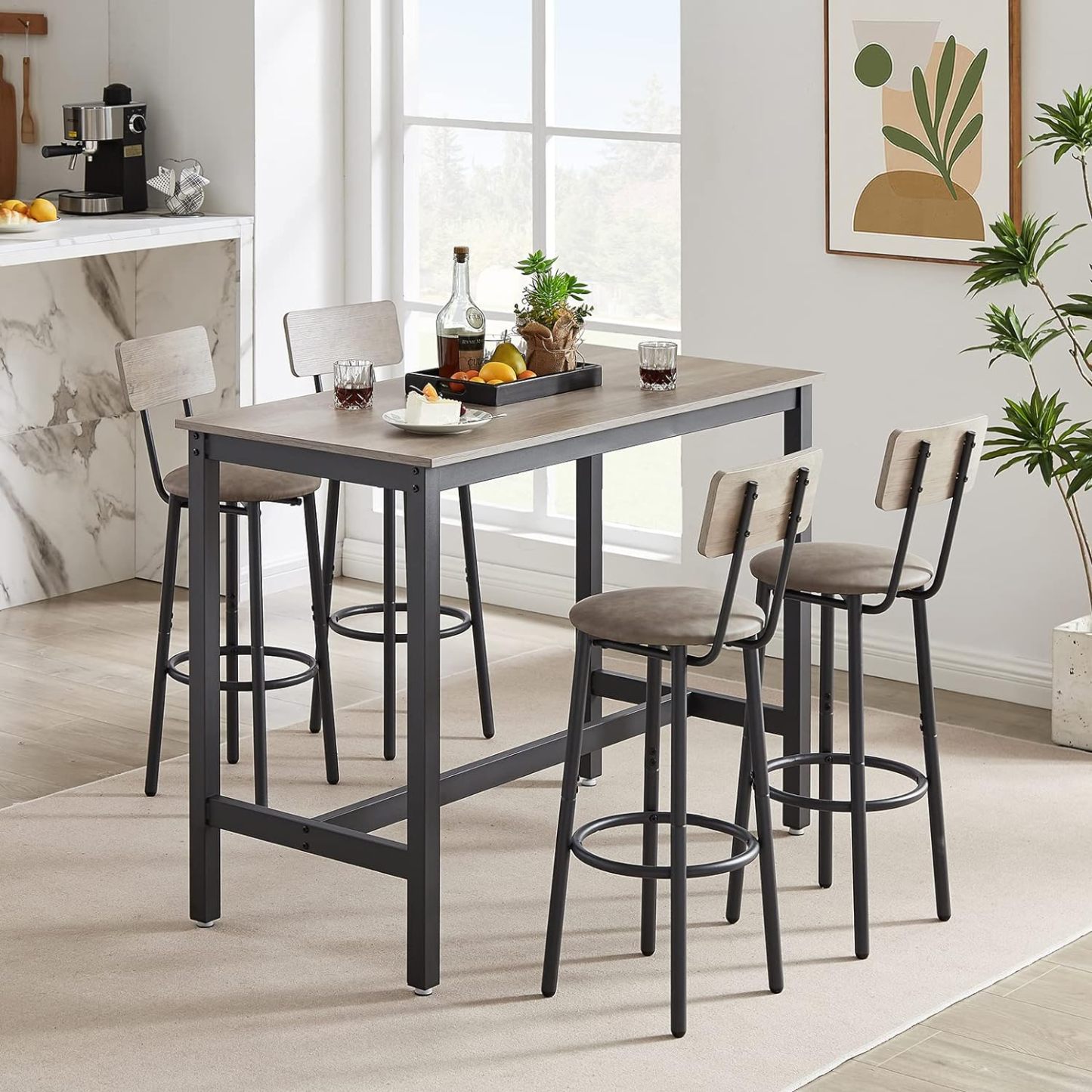 Bar Table and Chairs Set for 4, 5-Piece Rectangle Pub Bistro Table