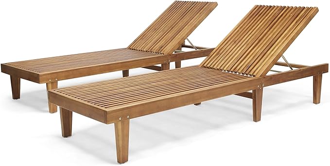 Outdoor Wooden Chaise Lounge (Set of 2), Teak Finish