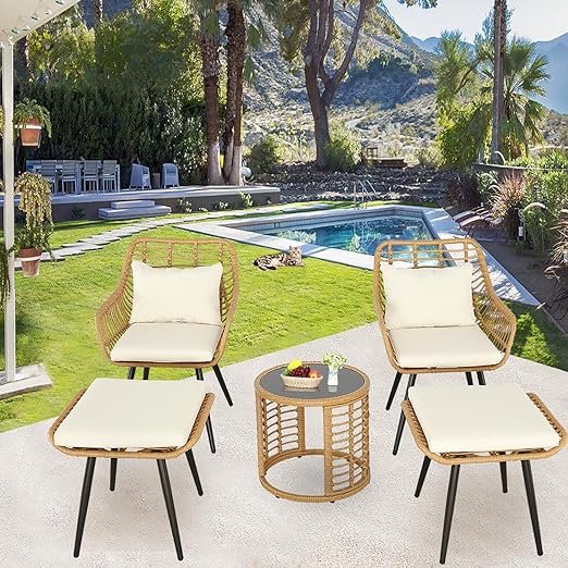 5 Piece Outdoor Bistro Set Patio Set Balcony Furniture Outdoor Furniture Rattan Chair Conversation Sets with Side Table for Porch, Backyard, Balcony (Beige, Set of 5)