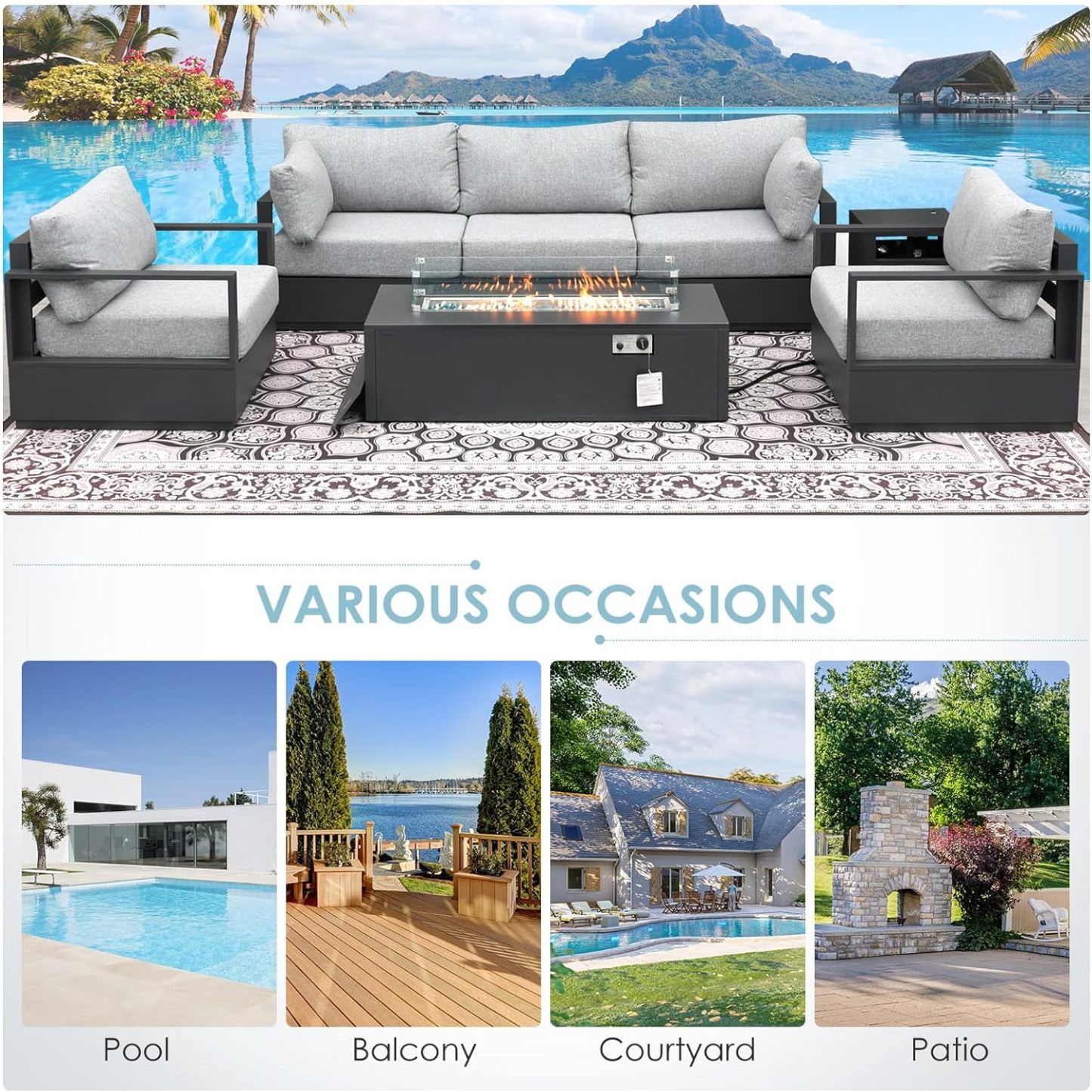 Thick Aluminum Patio Furniture with Thick Cushion Conversation Set with 53" Propane Fire Pit Table