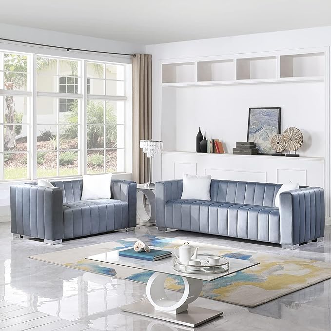 Channel Tufted Velvet 3-Seater Sofa Couch with 2 Pillows, Square Arms & Gold Metal Legs