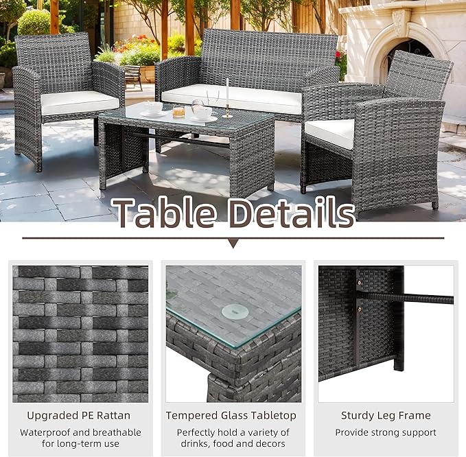 Outdoor Wicker Patio Conversation Furniture Set with Cushions and Tempered Glass Tabletop