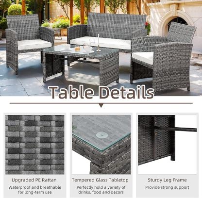 Outdoor Wicker Patio Conversation Furniture Set with Cushions and Tempered Glass Tabletop