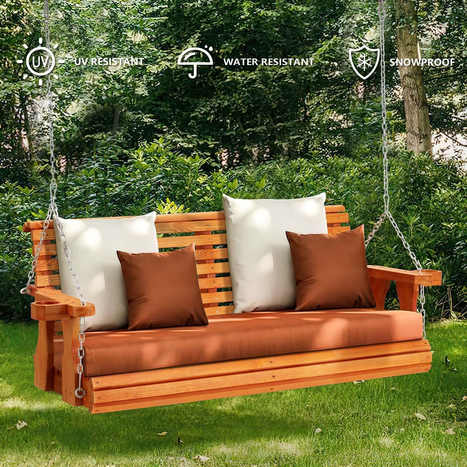 6.5FT Wooden Porch Swing 2-Seater, Outdoor Porch Swing with Cupholders, Heavy Duty 800 LBS, Swing Bench for Outdoor