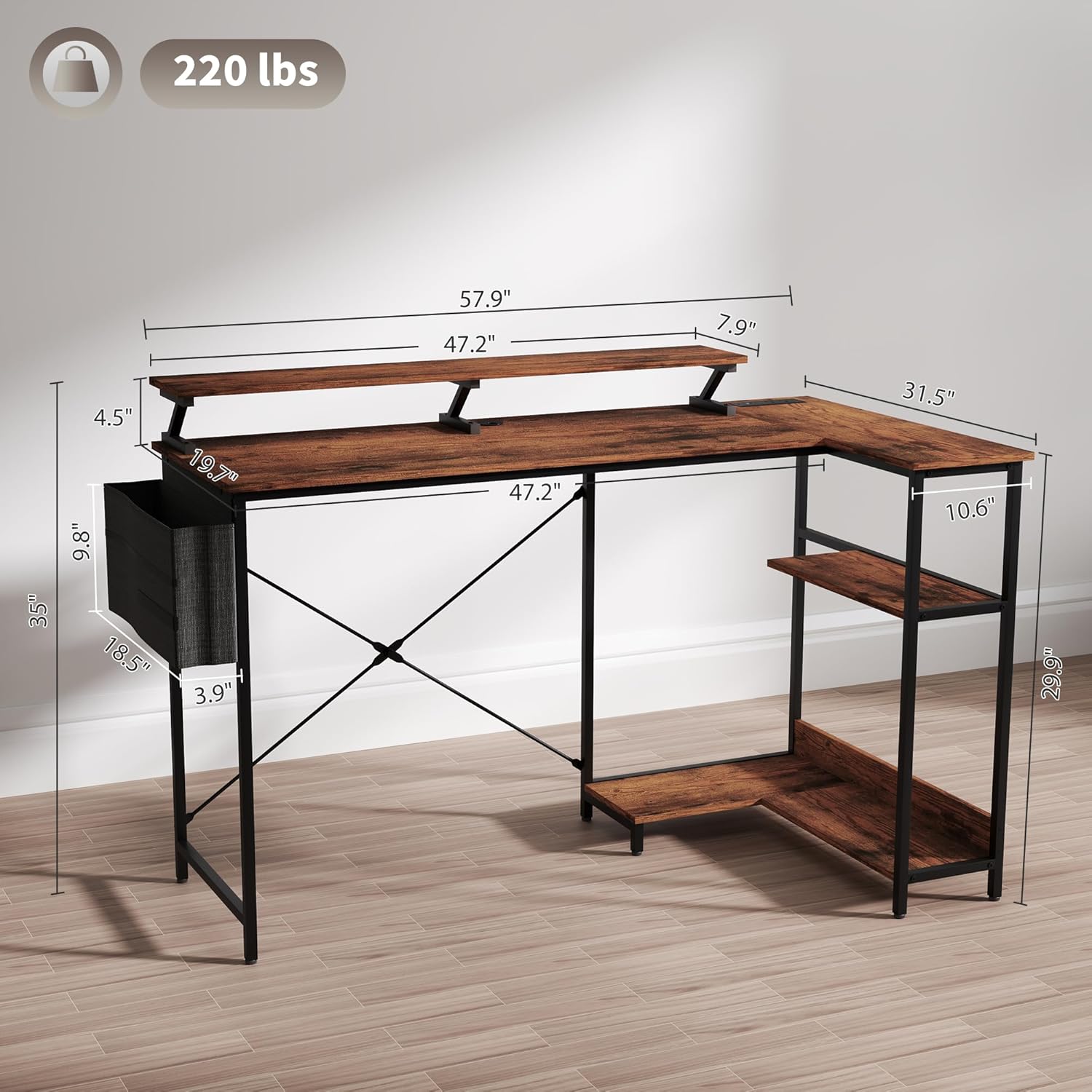 58" L Shaped Gaming Desk with Power Outlets and LED Lights, Reversible Computer Desk with Monitor Stand
