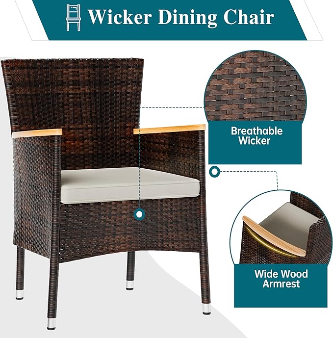 5 Piece Patio Dining Set, Wicker Patio Conversation Set with Wood Table Top
