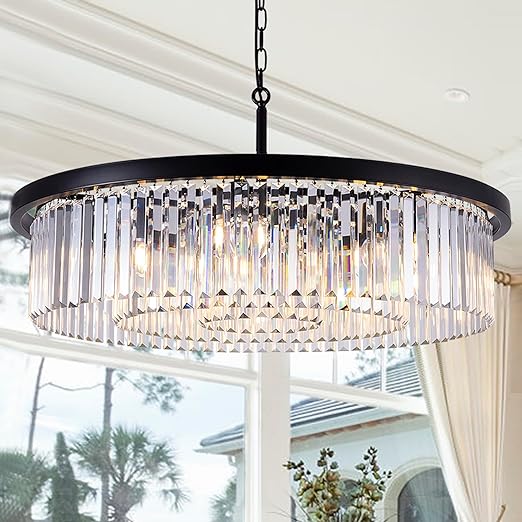 Crystal Chandeliers,9 Lights Large Black Light Fixture,3 Tiers Modern Farmhouse Chandelier for Dining Room,Round Ceiling Light Fixture for Living Room,Kitchen,Bedroom,Foyer, Entryway,W-33.46”