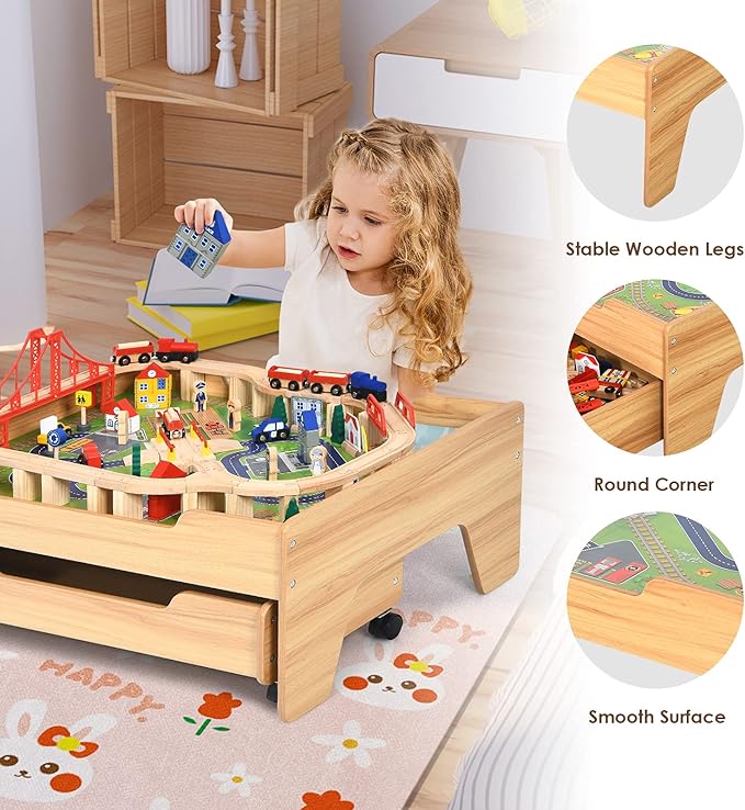 Wooden Kids Activity Table with Storage Drawer, 100 Multicolor Pieces