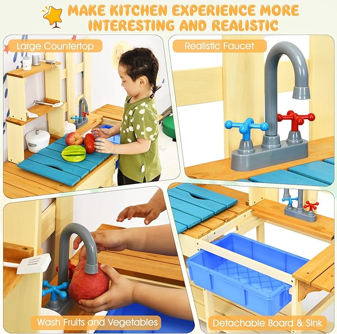 Indoor Outdoor Wooden Pretend Play Toy Kitchen with Removable Sink