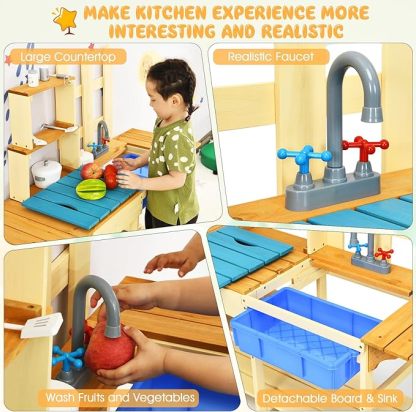Indoor Outdoor Wooden Pretend Play Toy Kitchen with Removable Sink