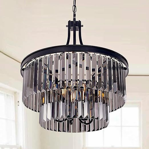 Modern Crystal Chandeliers,5 Light Farmhouse Chandelier for Dining Room,Hanging Light Fixture with Prism Crystal Shades,Black Pendant Lights for Living Room,Kitchen,Bedroom,Entryway,D-19.68''