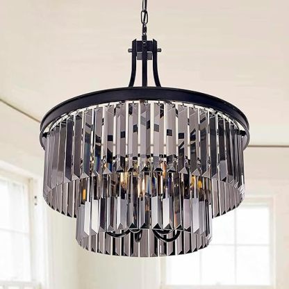 Modern Crystal Chandeliers,5 Light Farmhouse Chandelier for Dining Room,Hanging Light Fixture with Prism Crystal Shades,Black Pendant Lights for Living Room,Kitchen,Bedroom,Entryway,D-19.68''