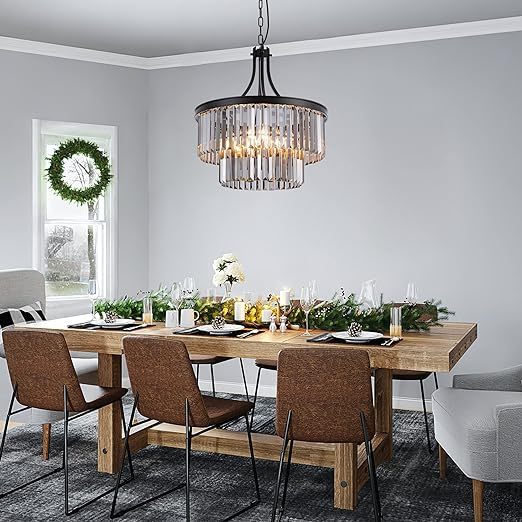 Modern Crystal Chandeliers,5 Light Farmhouse Chandelier for Dining Room,Hanging Light Fixture with Prism Crystal Shades,Black Pendant Lights for Living Room,Kitchen,Bedroom,Entryway,D-19.68''