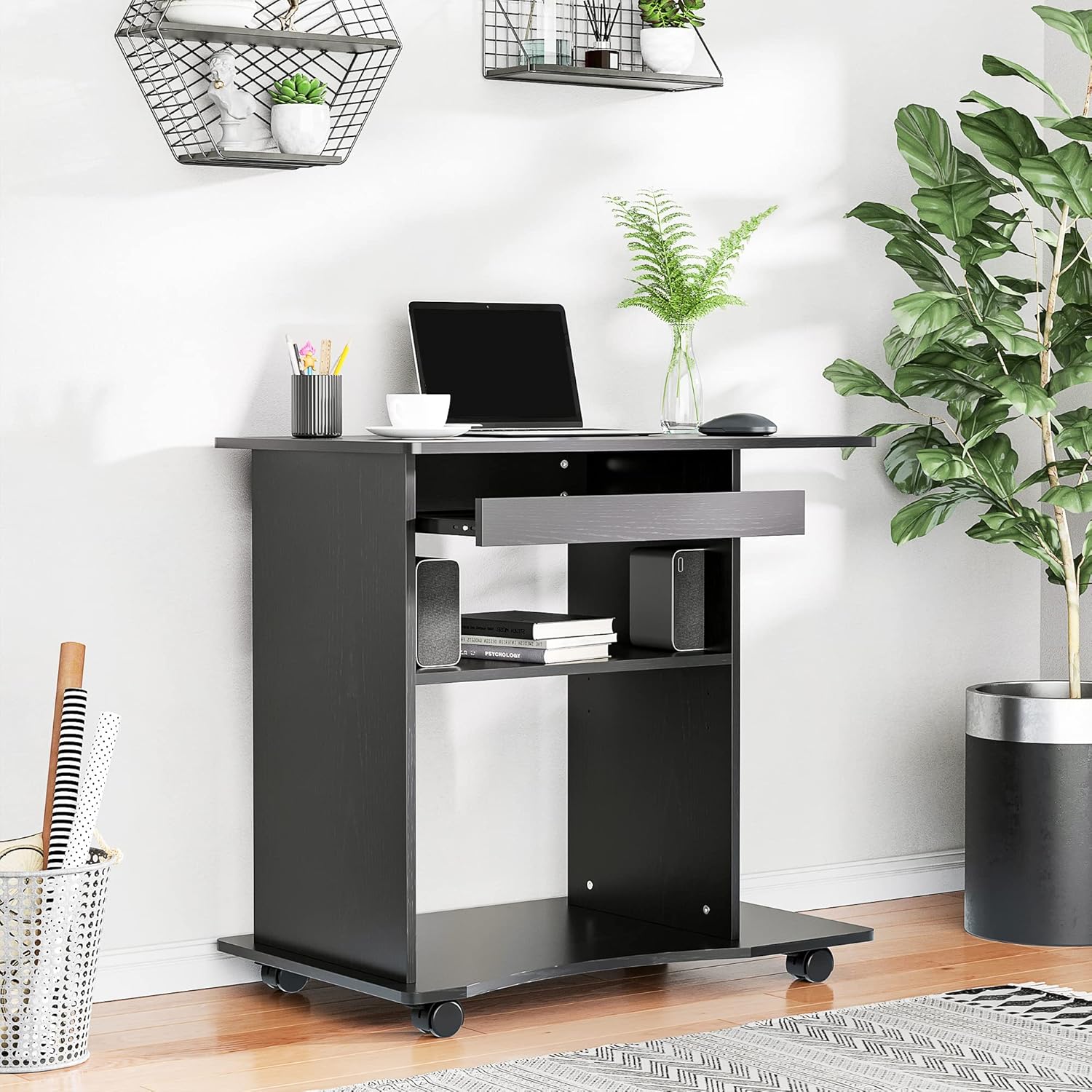 Mobile Small Office Workstation with Slide-Out Keyboard Tray, Adjustable Shelf, & CPU Stand
