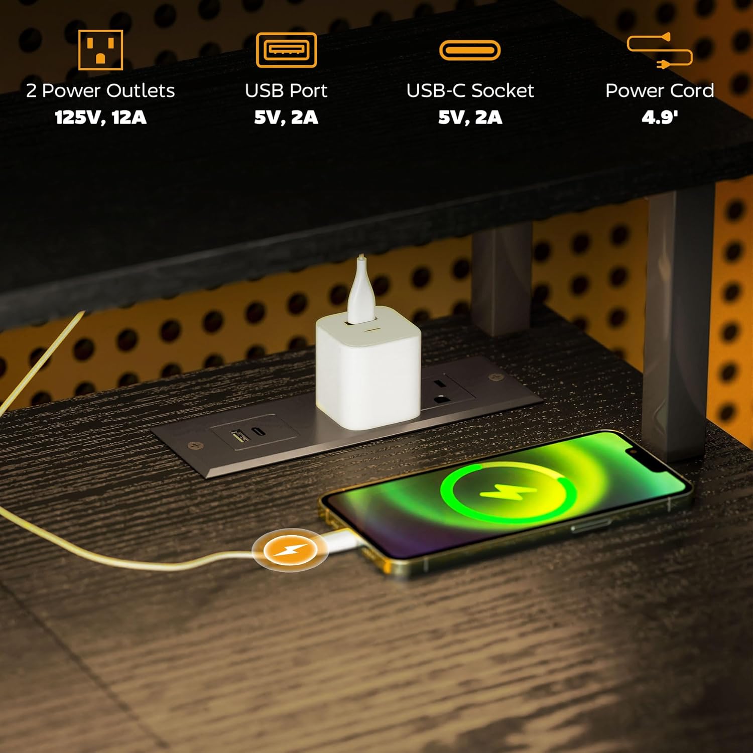 47" Gaming Desk with Power Outlets and LED Lights, Reversible Computer Desk with Monitor Stand and 2-Tier Storage Shelves