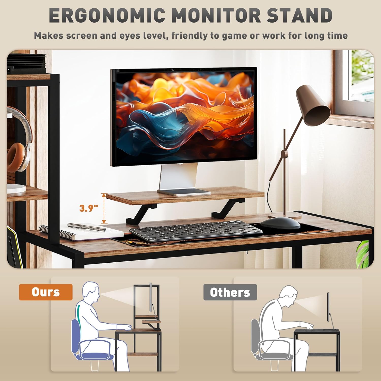 59" Gaming Desk, Reversible Computer Desk with Monitor Stand and 4-Tier Storage Shelves