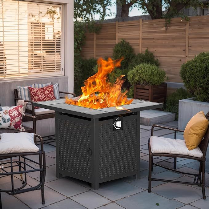30 inch Propane Fire Pit, Square Gas Fire Pit Table with Grey Ceramic Tile Tabletop and Lid
