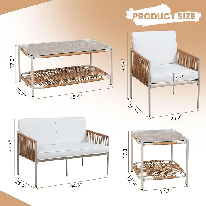 5 Piece Wicker Outdoor Patio Furniture Set, White Metal Sofa Conversation Set