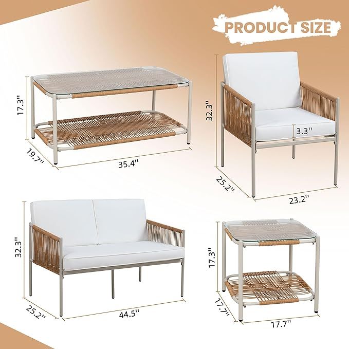 5 Piece Wicker Outdoor Patio Furniture Set, White Metal Sofa Conversation Set