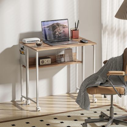 Rolling Computer Desk Foldable with Storage Bag and Shelf, 31.5" Portable Writing Table on Wheels