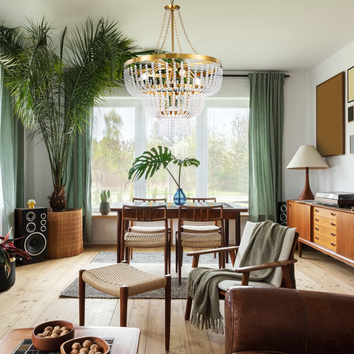 Beaded Chandelier for Dining Room, Modern Gold Pendant Hanging Light 3 Tiers, Boho Crystal Chandelier for Bathroom,Foyer,Entryway, Brushed Brass Finished with Glass Bead (Glass Bead)