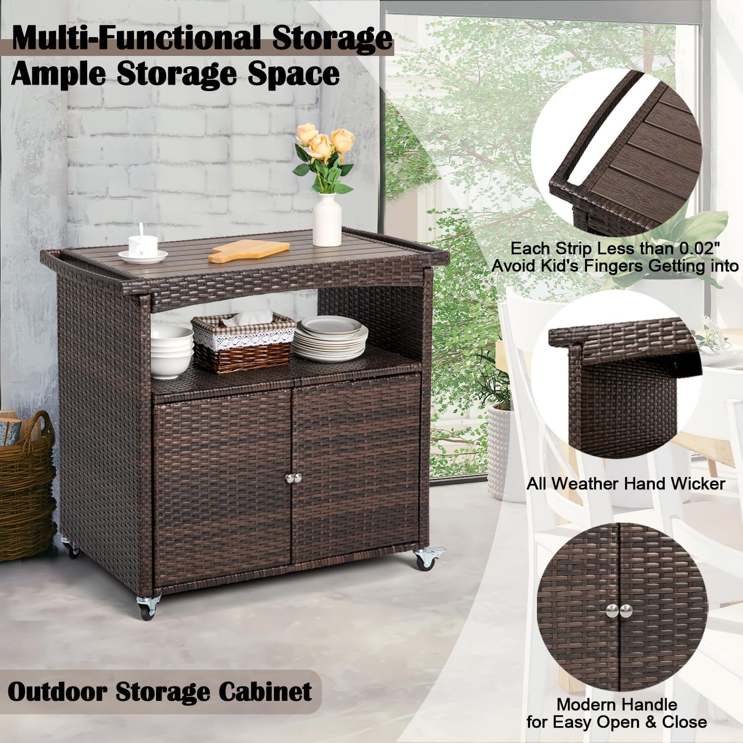 Outdoor Storage Cabinet,Outdoor Cabinet for Patio Bar Cart with Rolling Wheels