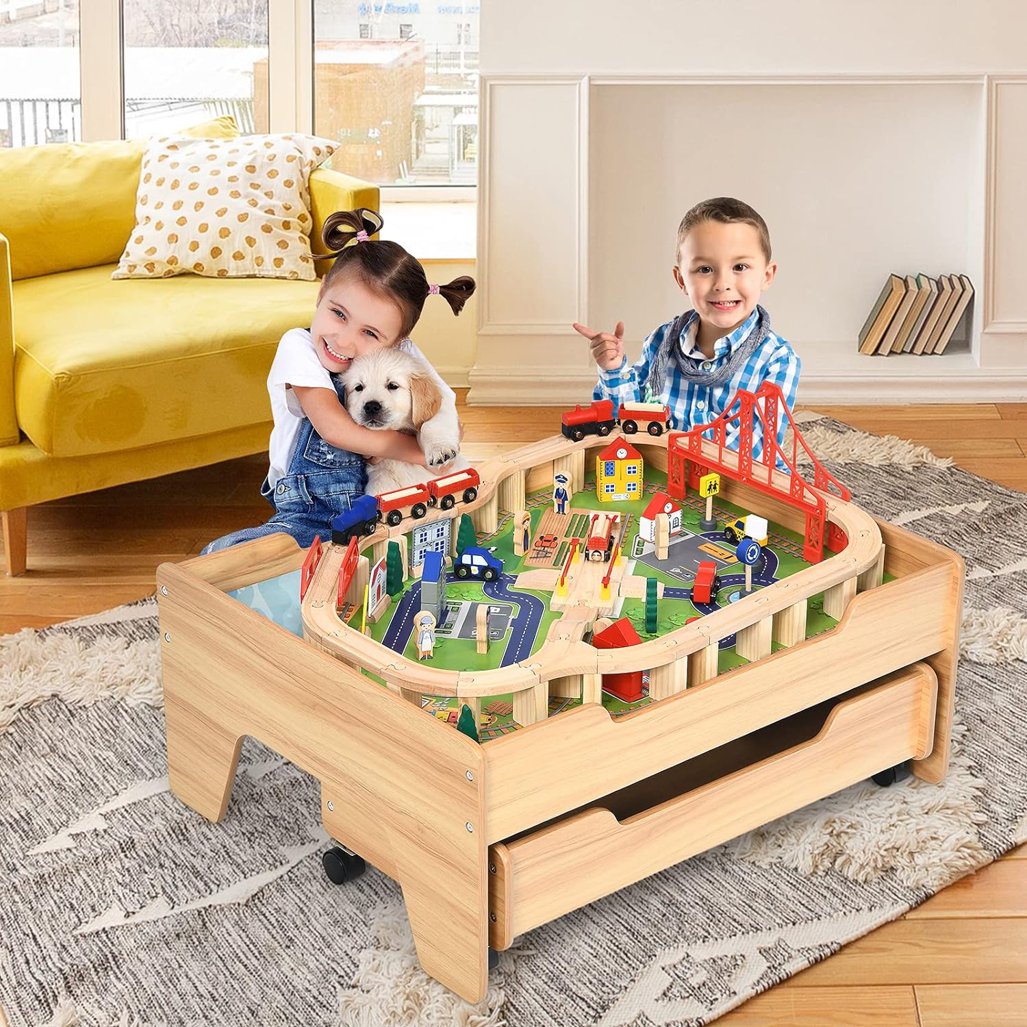 Wooden Kids Activity Table with Storage Drawer, 100 Multicolor Pieces