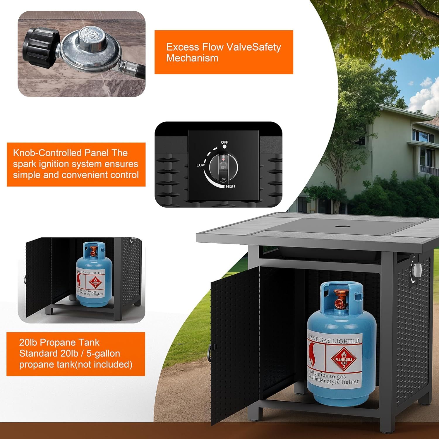 30 inch Propane Fire Pit, Square Gas Fire Pit Table with Grey Ceramic Tile Tabletop and Lid