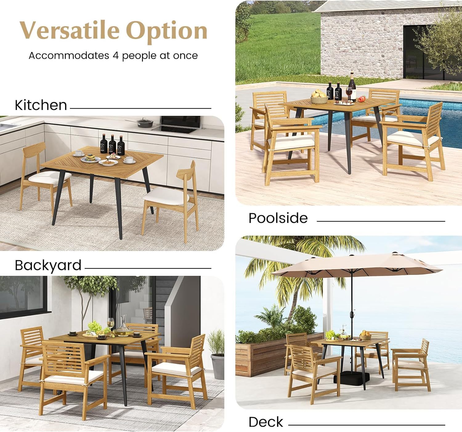 4-Person Outdoor Dining Table, 42.5” Acacia Wood Patio Table with 1.9” Umbrella Hole