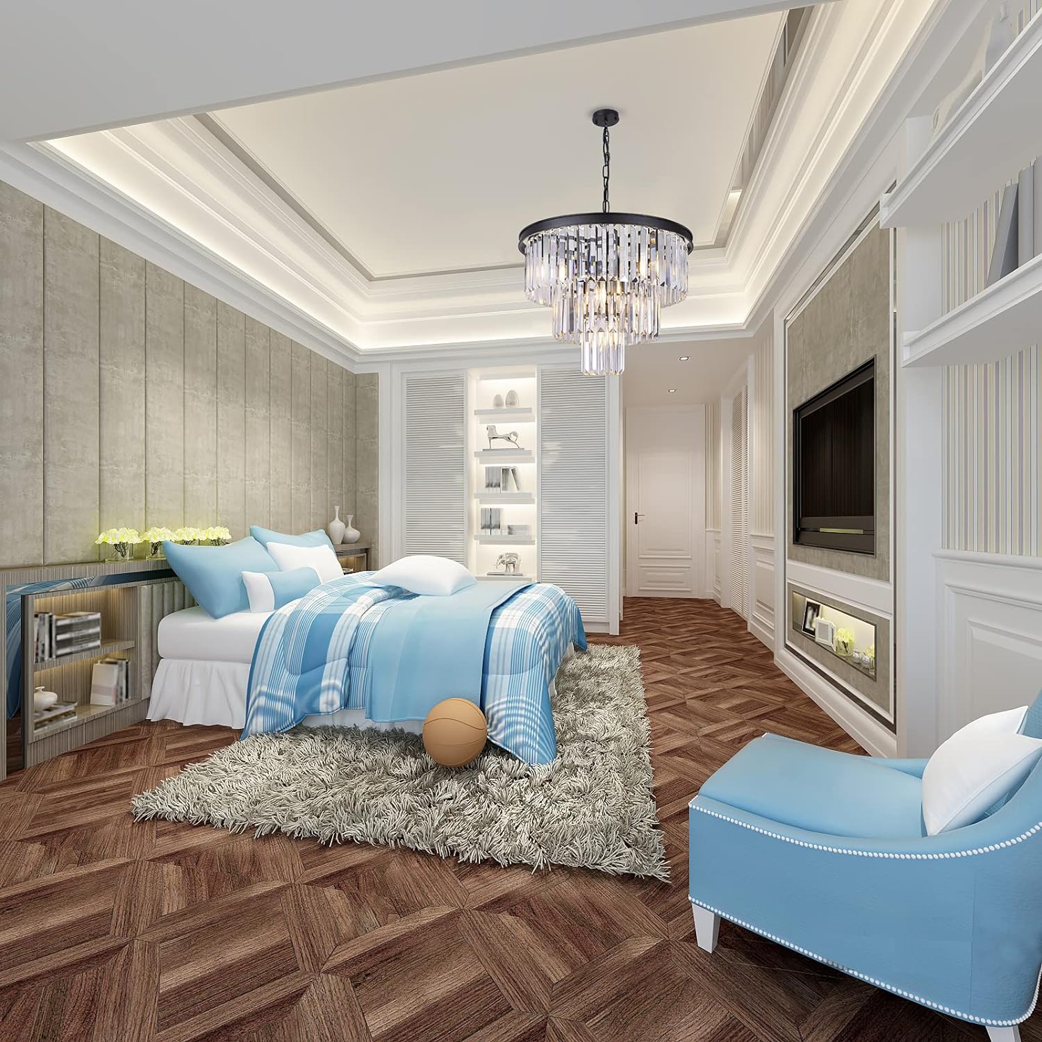 20 inch Black Crystal Chandelier, 3-Tier Contemporary Modern Bathroom Chandeliers, 7-Light Adjustable Hanging Round Ceiling Light for Bedroom, Entryway, Dining Room, Girls Room, Foyer