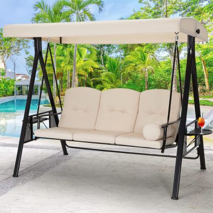 3-Seat Porch Swing Chair, Patio Swing Chair with Stand and Removable Cushions, Outdoor Canopy Swing Chair for Outside, Backyard, Garden(Beige Cushion&Steel Frame)