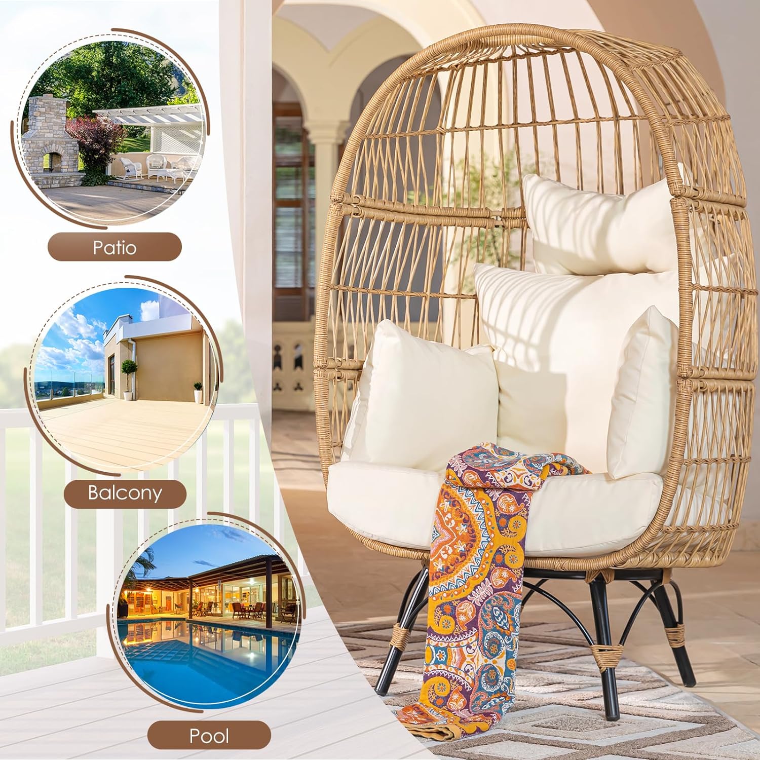 Oversized Wicker Egg Chair Hand-Woven Stable and Sturdy 440 lbs. Load