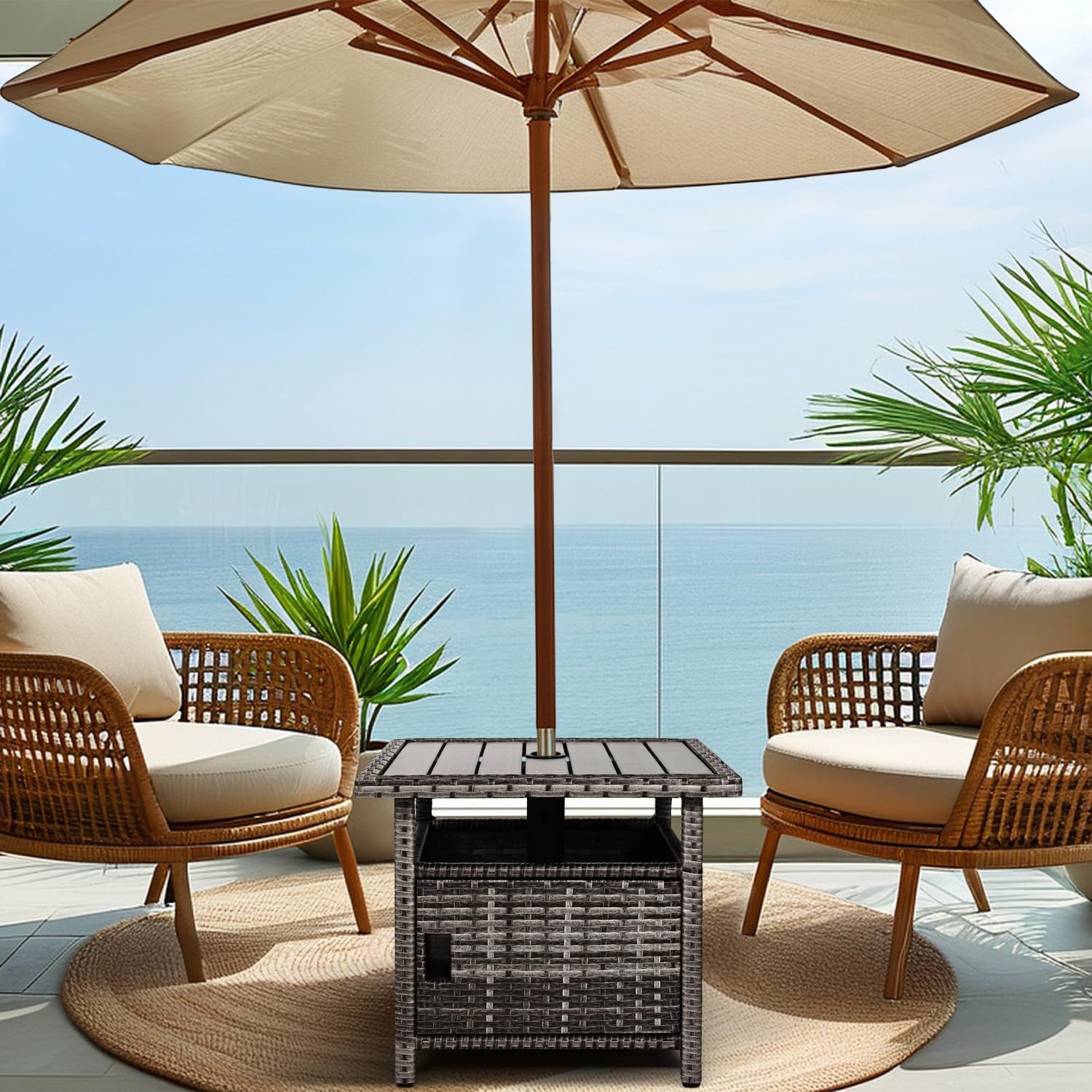 Outdoor Patio Side Table with Umbrella Hole Small Grey Wicker Umbrella Stand Table