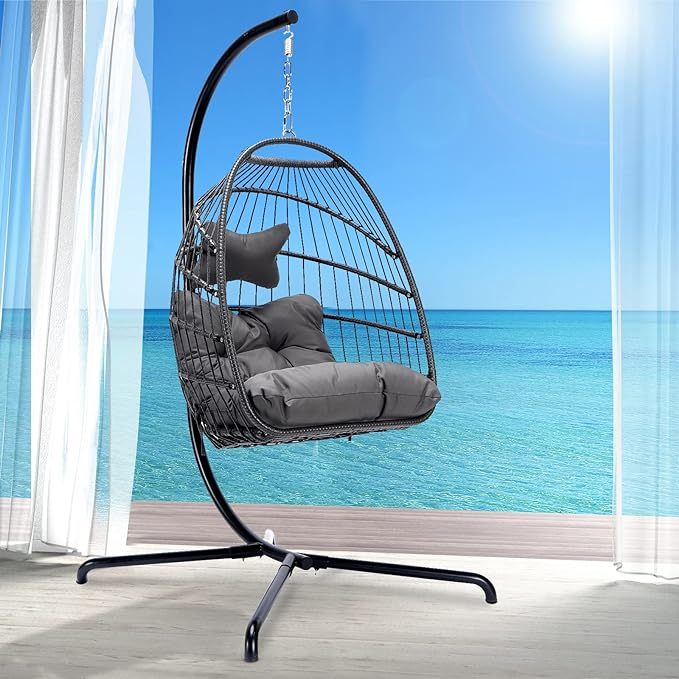 Hanging Egg Chair with Stand Outdoor Swinging Egg Chair with Water Resistant Cushions