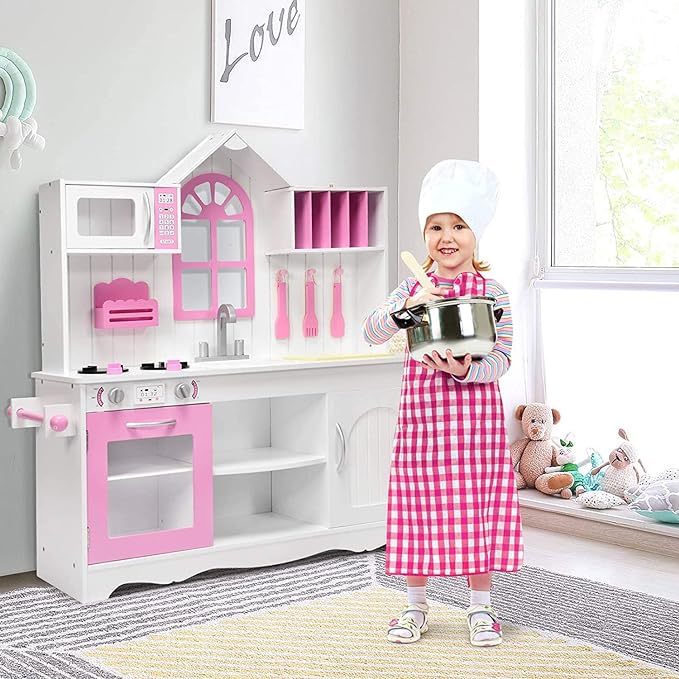 Pink Kids Kitchen Playset, 43 Inch Rooftop Wooden Play Kitchen for Toddlers