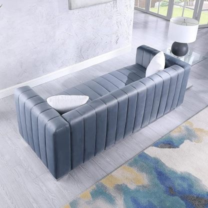 Channel Tufted Velvet 3-Seater Sofa Couch with 2 Pillows, Square Arms & Gold Metal Legs