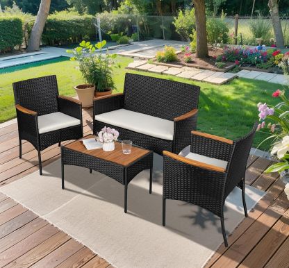 4-Piece Patio Furniture Set, Outdoor Wicker Patio Conversation Furniture Set