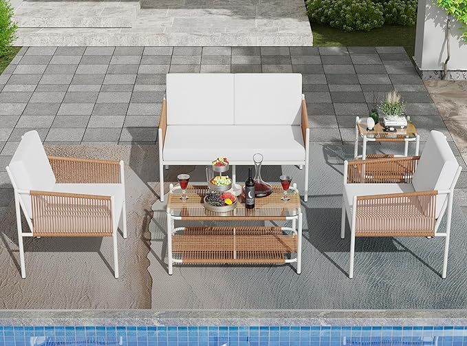 5 Piece Wicker Outdoor Patio Furniture Set, White Metal Sofa Conversation Set