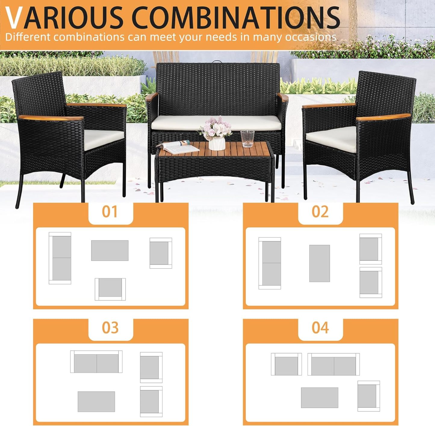 4-Piece Patio Furniture Set, Outdoor Wicker Patio Conversation Furniture Set