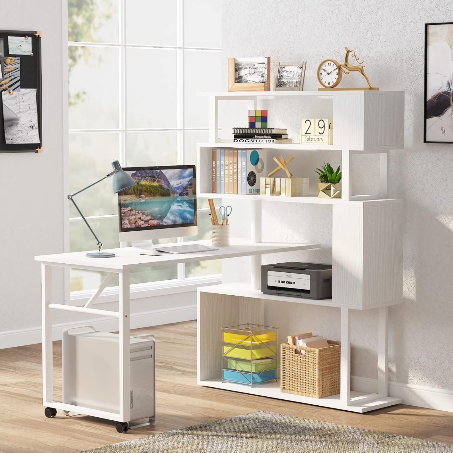 Rotating Computer Desk with 5 Shelves Bookshelf, Modern L-Shaped Corner Desk with Storage 39.37"D x 47.24"W x 60.23"H