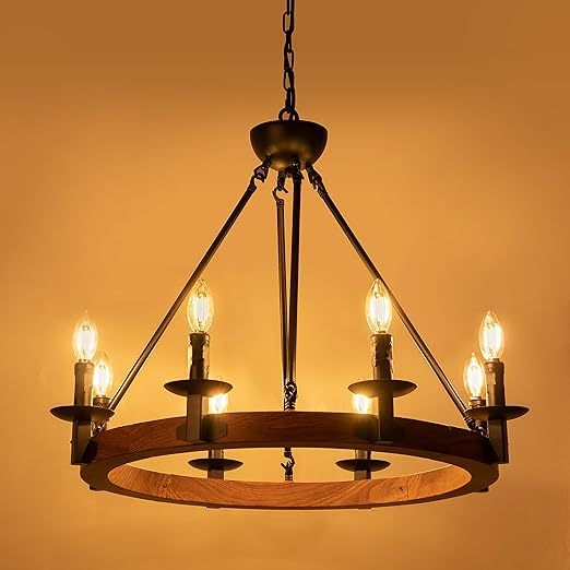 8 Lights Farmhouse Iron Chandeliers for Dining Rooms 28 inch, Wagon Wheel Chandelier Candle Style, Rustic Hanging Ceiling Light Fixture