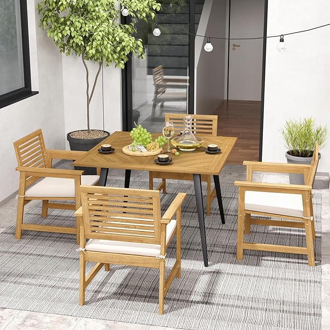 4-Person Outdoor Dining Table, 42.5” Acacia Wood Patio Table with 1.9” Umbrella Hole