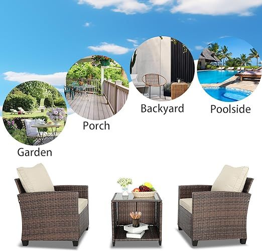 3 Piece Patio Set Rattan Wicker Chairs with Coffee Table Outside Furniture Balcony Furniture Sets (Brown Gary)