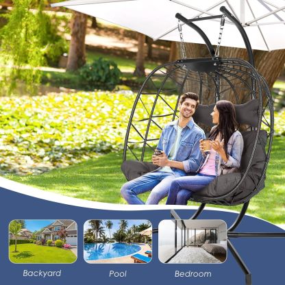 Double Egg Chair with Stand Wicker Swing Chair for 2 Person