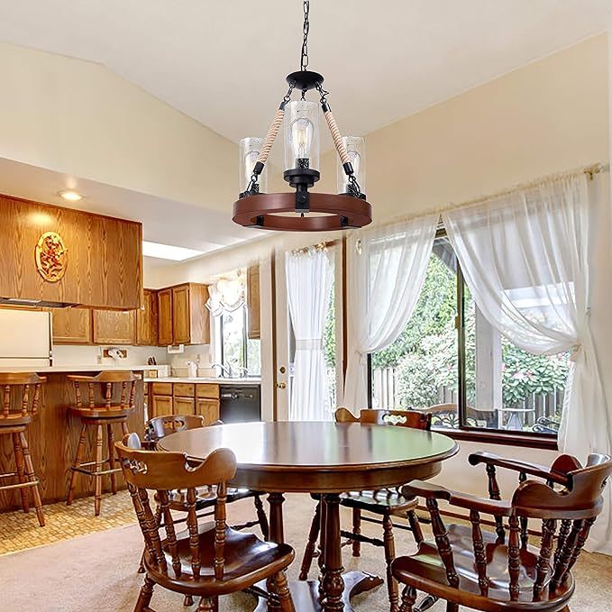 Farmhouse Chandelier, Wood Wagon Wheel Chandelier with Seeded Glass Shade, Hanging Rustic Round 3 Lights Ceiling Pendant Lighting