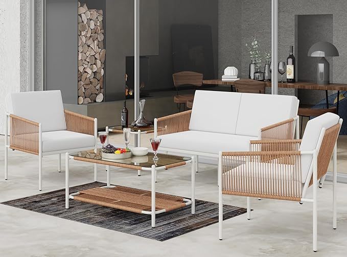 5 Piece Wicker Outdoor Patio Furniture Set, White Metal Sofa Conversation Set