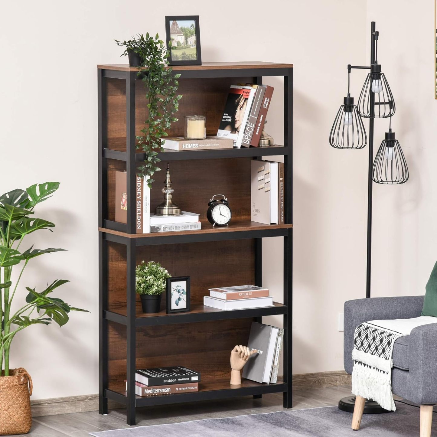 4 Tier Bookshelf Utility Organizer with Back Support and Anti-Topple Design