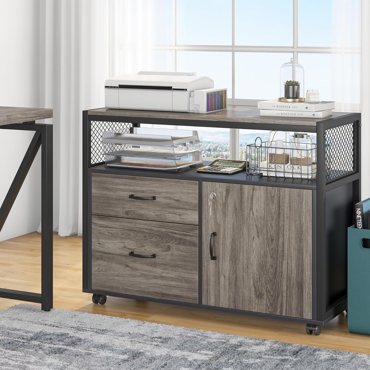 L Shaped Desk with Drawer Cabinet, 55" Executive Computer Desk and lateral File Cabinet