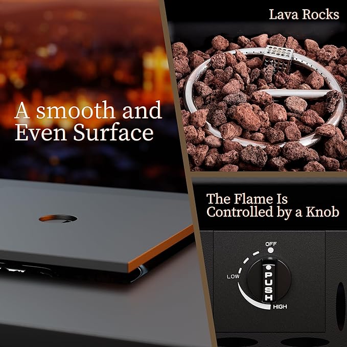 30 inch Propane Fire Pit, Square Gas Fire Pit Table with Grey Ceramic Tile Tabletop and Lid