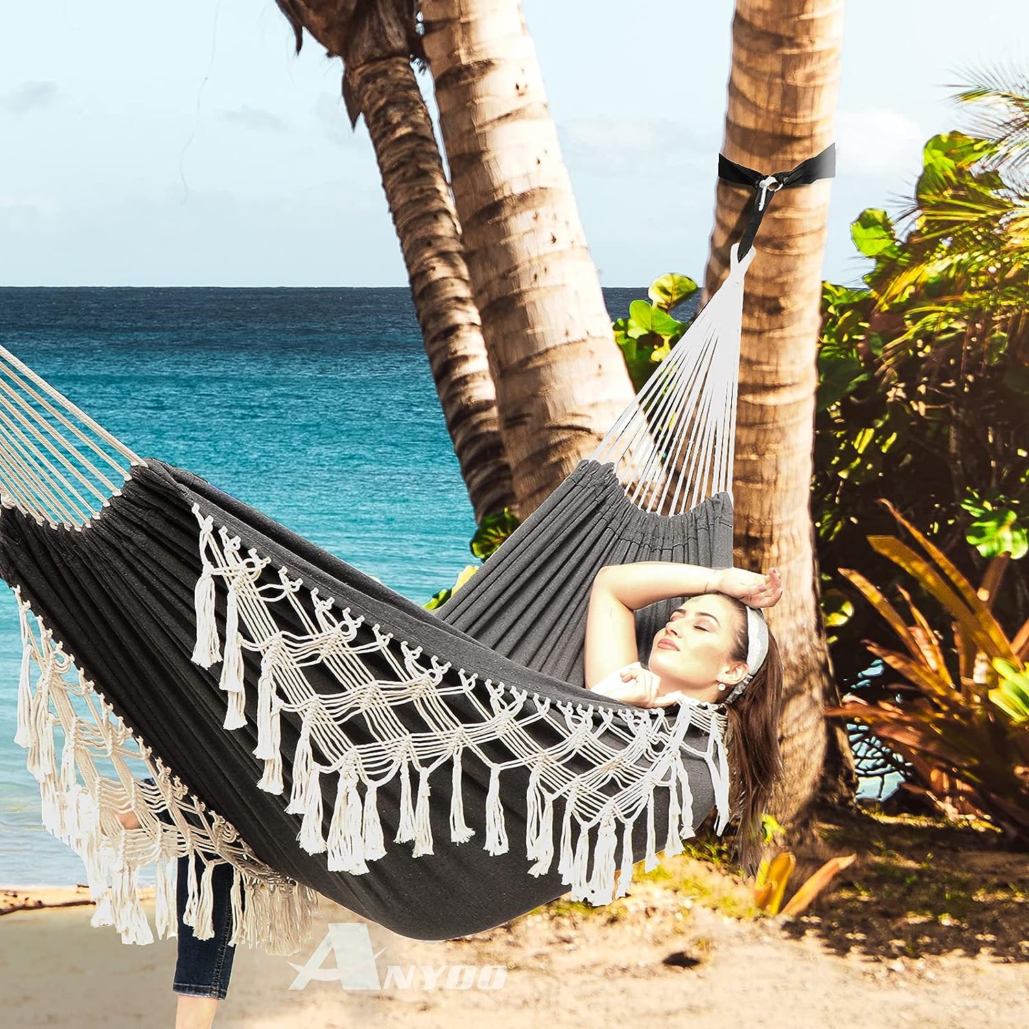 Garden Cotton Hammock Comfortable Fabric Elegant Deluxe Tassels Durable Swing Hammock Up to 450lbs Portable Hammock with Travel Bag,Perfect for Porch Patio Yard Bedroom Outdoor/Indoor